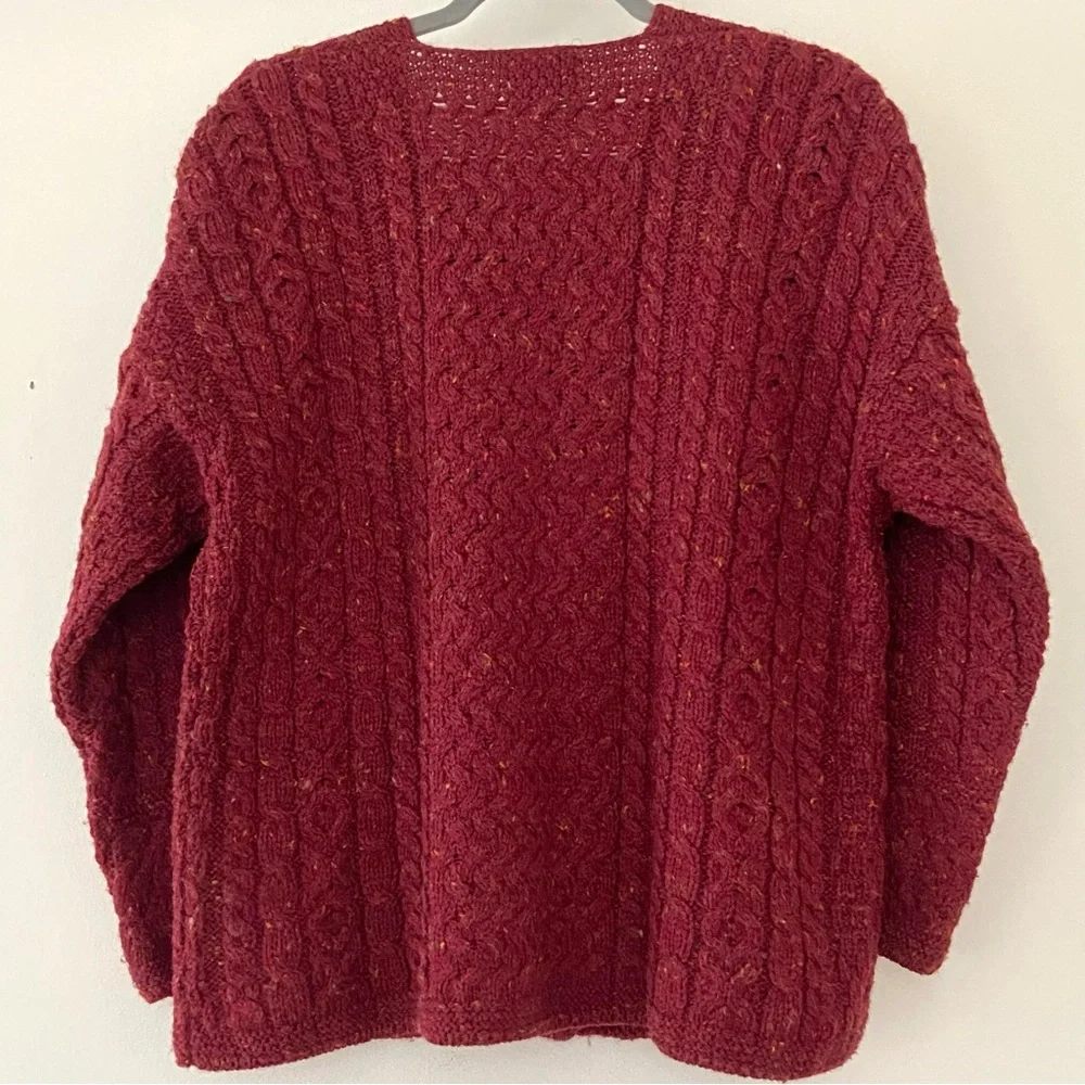 Carraig Donn Cardigan Womens L Red Wool Cable Knit Ireland Chunky Fisherman